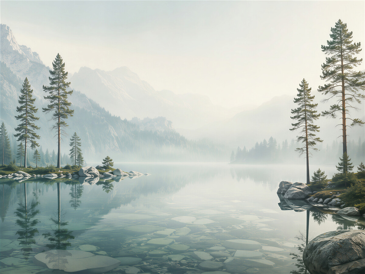 Fototapeten ruhiger Bergsee mit Kiefern im Nebel