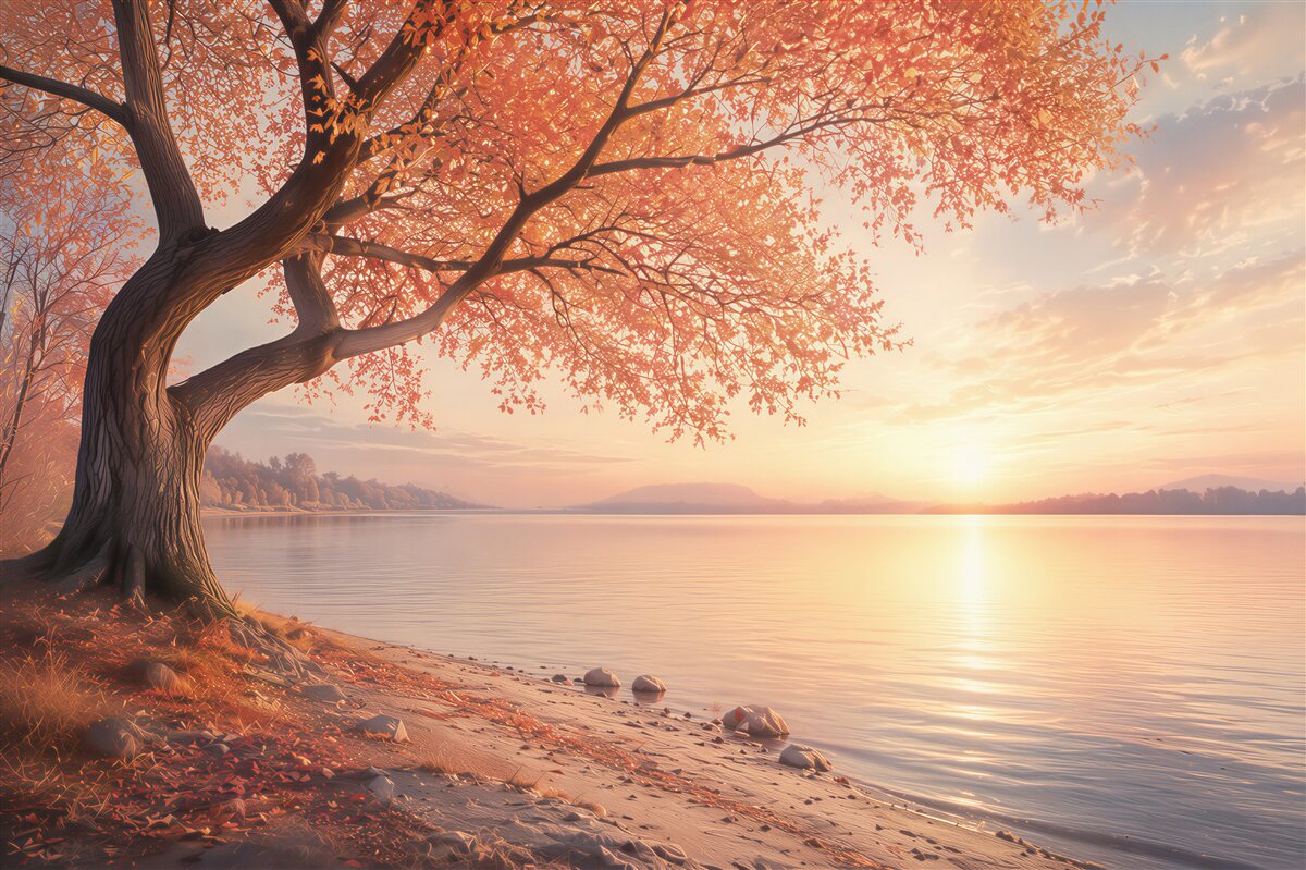 Fototapeten Baum am See bei Sonnenuntergang warmes Landschaftsbild