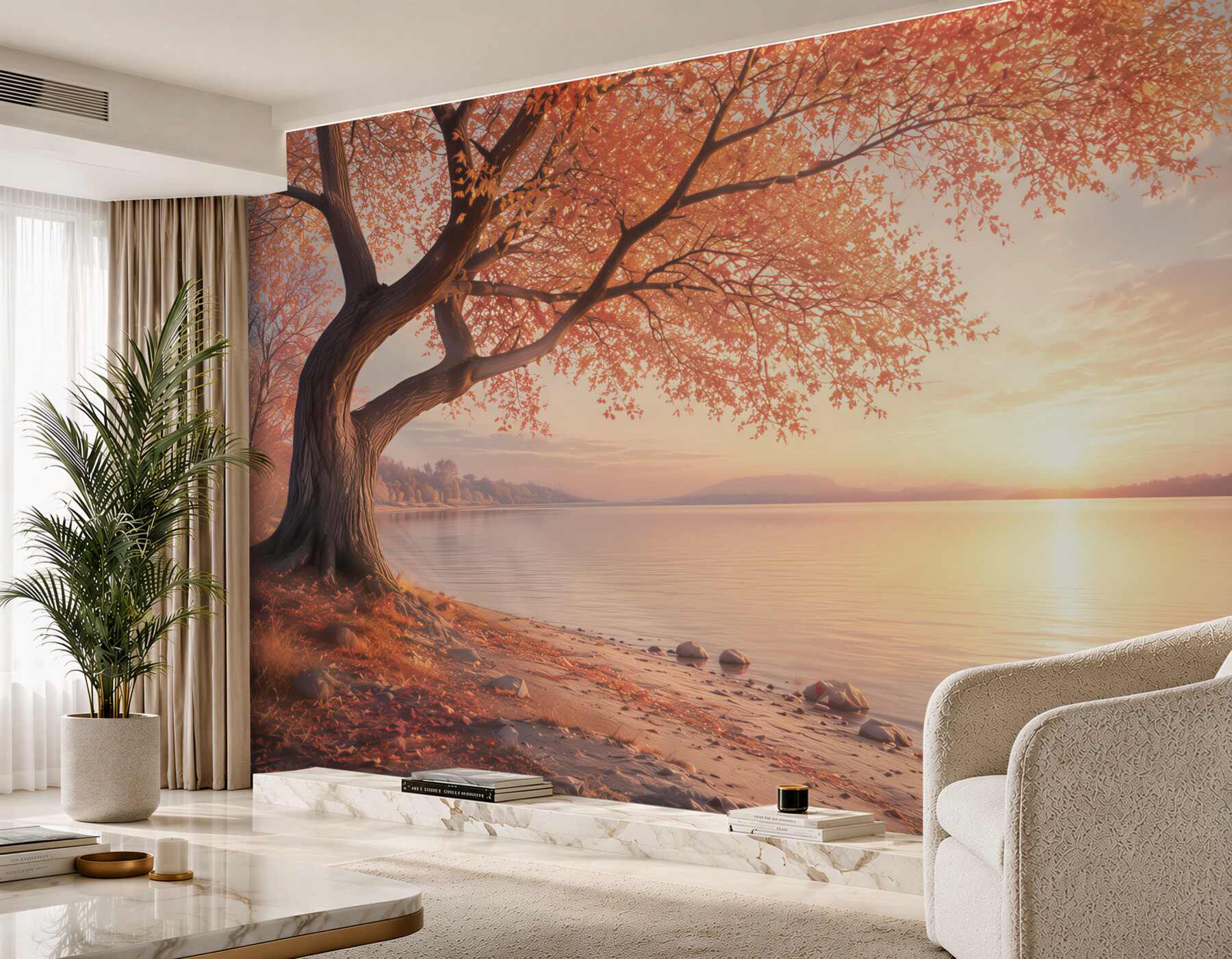 Fototapeten Baum am See bei Sonnenuntergang warmes Landschaftsbild