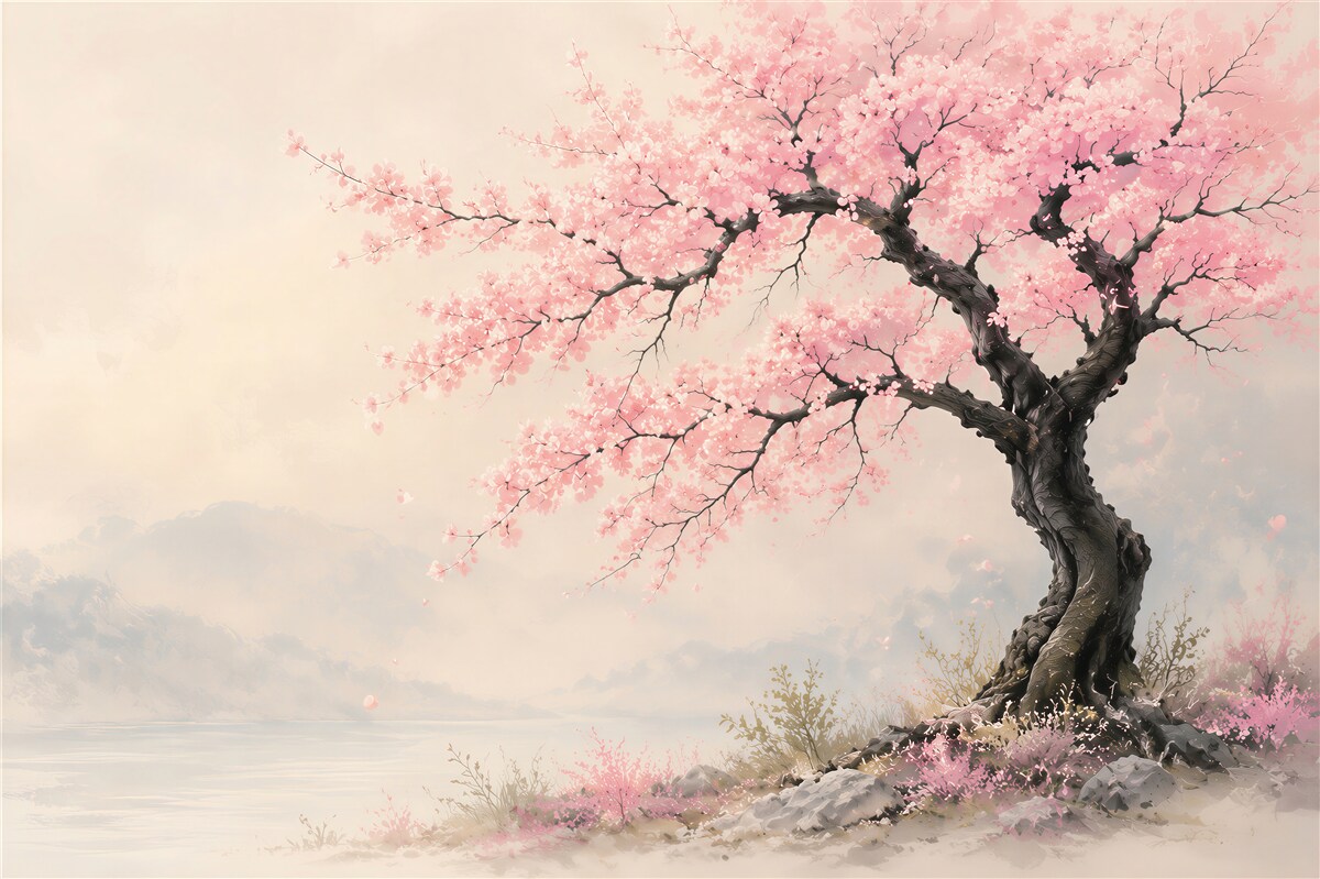 Fototapeten blühende Kirschblüte am See rosa romantisch