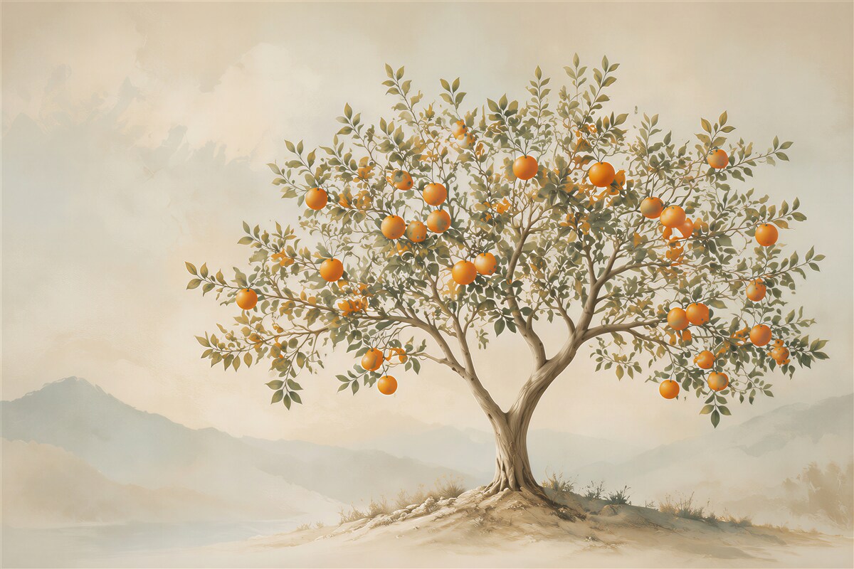 Fototapeten orange Baum in einer pastellfarbenen Landschaft