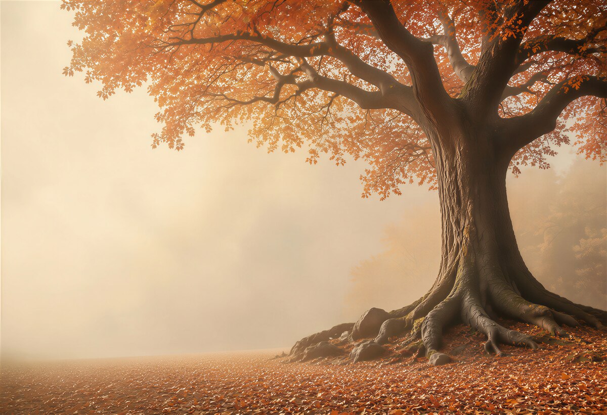 Fototapeten Herbstbaum mit orangen Blättern in warmer Nebel