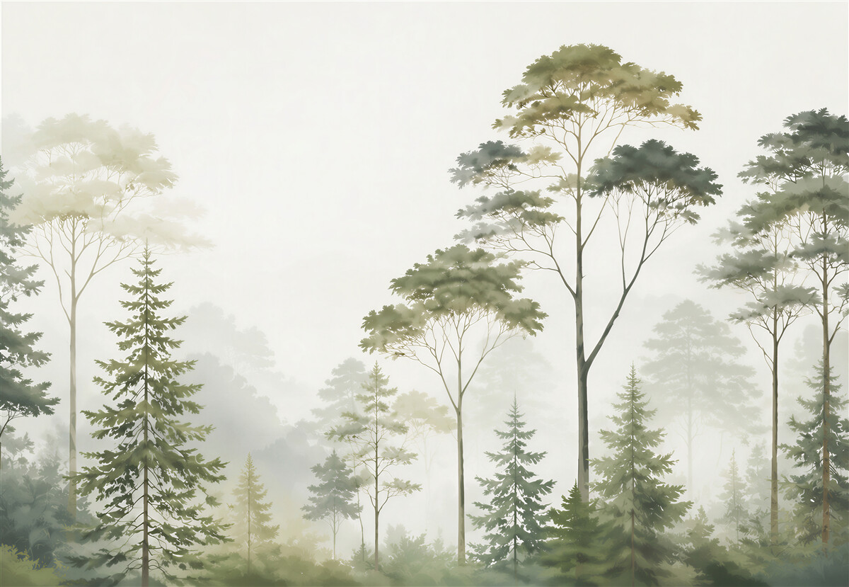 Fototapeten grüne Wald im Nebel in einem ruhigen, natürlichen Stil