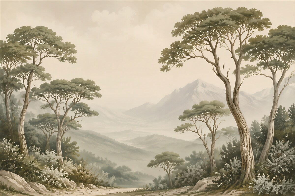 Fototapeten Berglandschaft mit hohen Bäumen im beigen Nebel