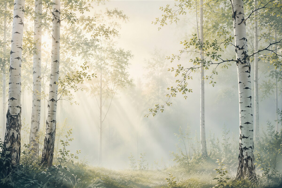 Fototapeten Birkenwald im Sonnenlicht grüne Landschaft