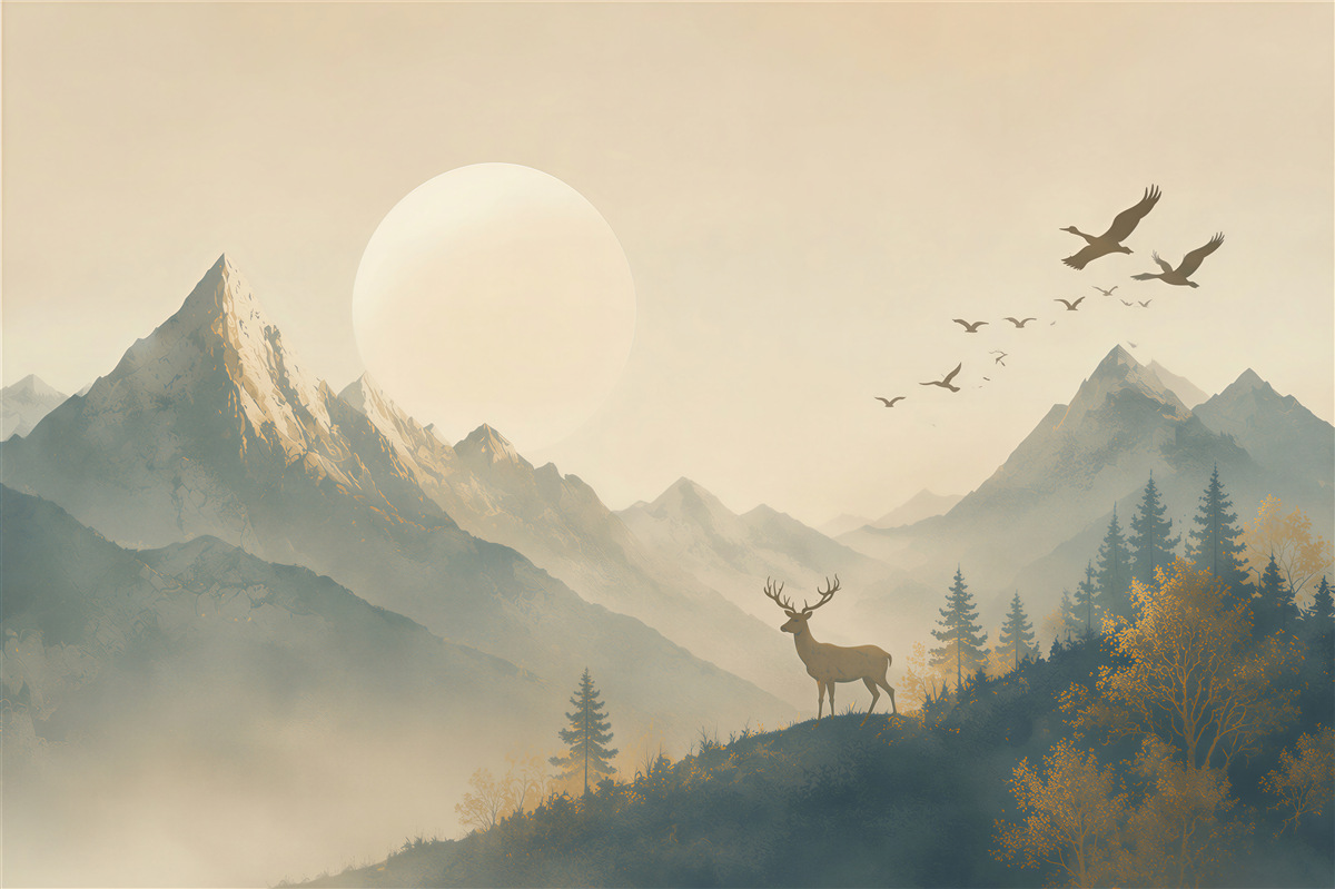 Fototapeten Berge im Nebel mit einem Hirsch und Vögeln in warmen Beigetönen