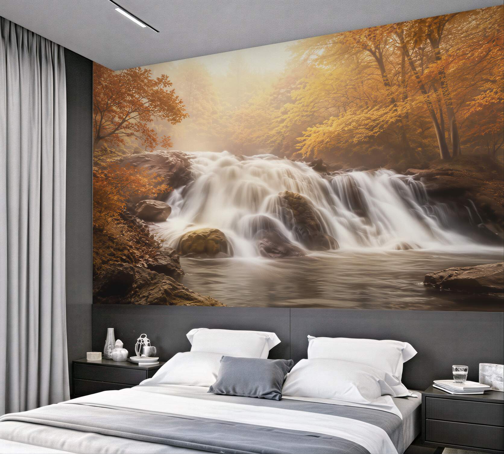 Fototapeten Herbstwaldwasserfall in warmen goldenen Farben