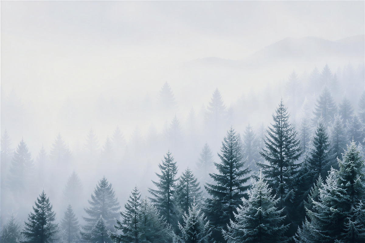 Fototapeten Winterfichtenwald im Nebel in kühlen Blautönen