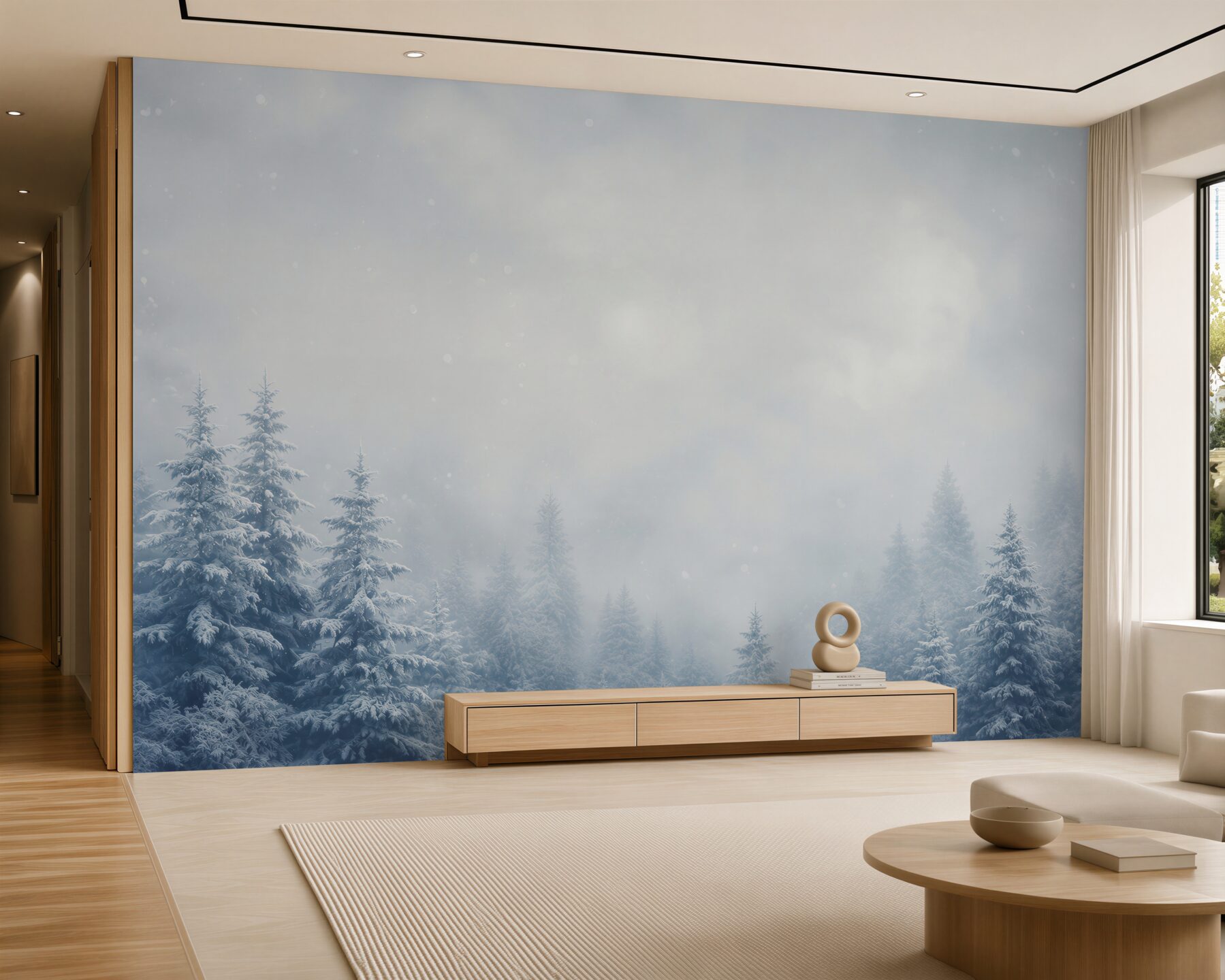 Fototapeten verschneiter Nadelwald im Nebel ruhige Winterlandschaft