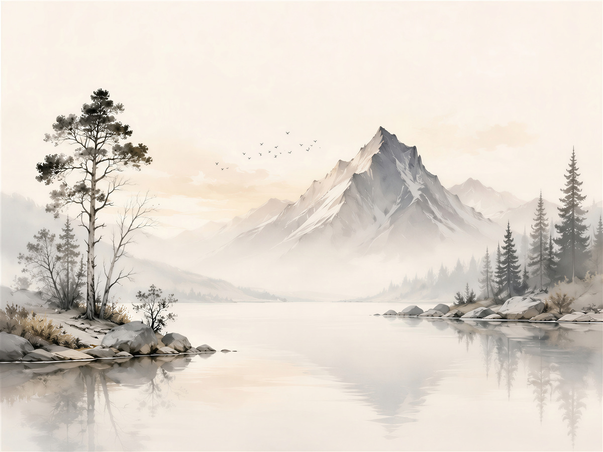 Fototapeten Berglandschaft am See im Nebel in beigen Tönen