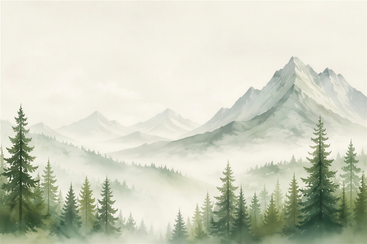 Fototapeten Berge und Kiefernwald im Nebel in grünen Tönen