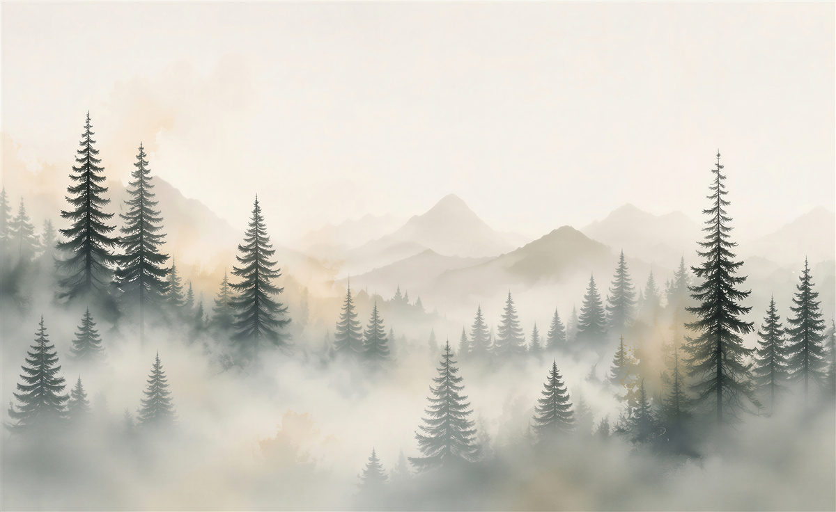 Fototapeten Kiefernwald im Nebel mit Bergen im Hintergrund