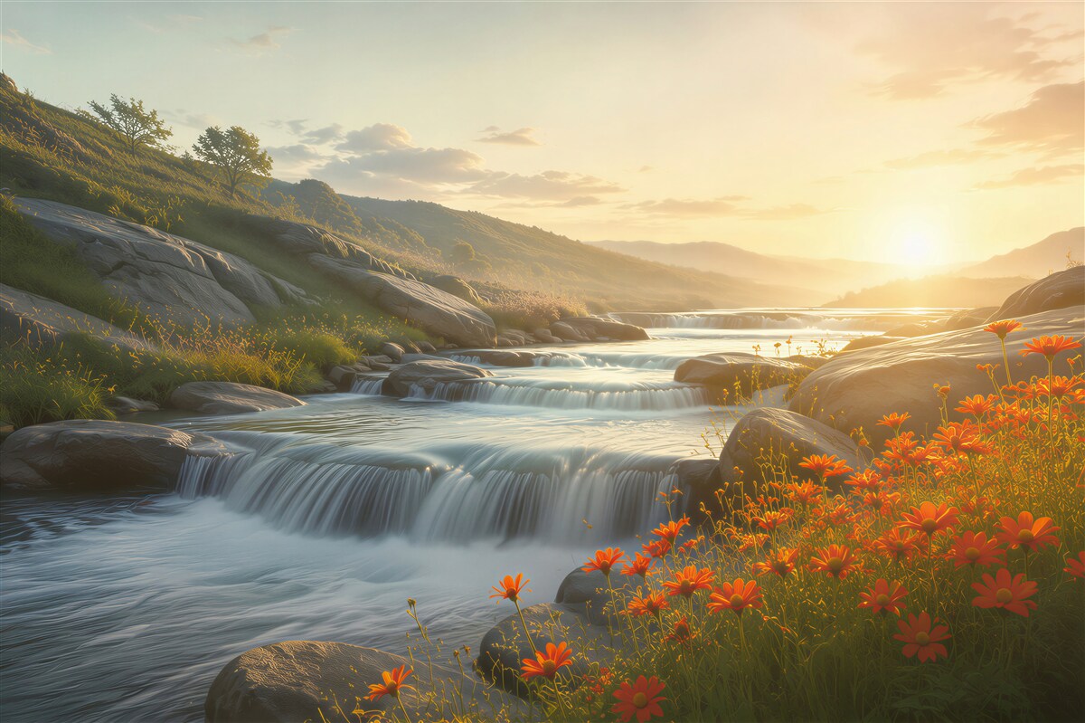 Fototapeten Flussfälle bei Sonnenaufgang mit orangefarbenen Blumen