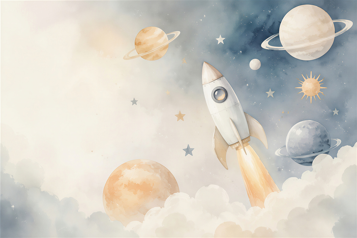Fototapeten Rakete zwischen Pastellplaneten und -sternen für Kinder