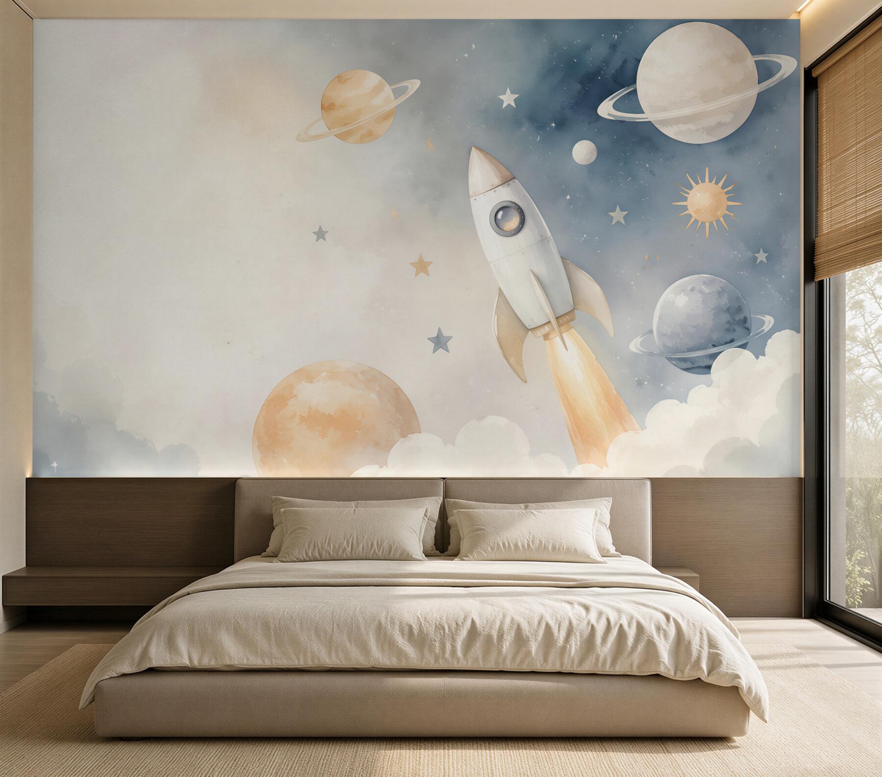 Fototapeten Rakete zwischen Pastellplaneten und -sternen für Kinder