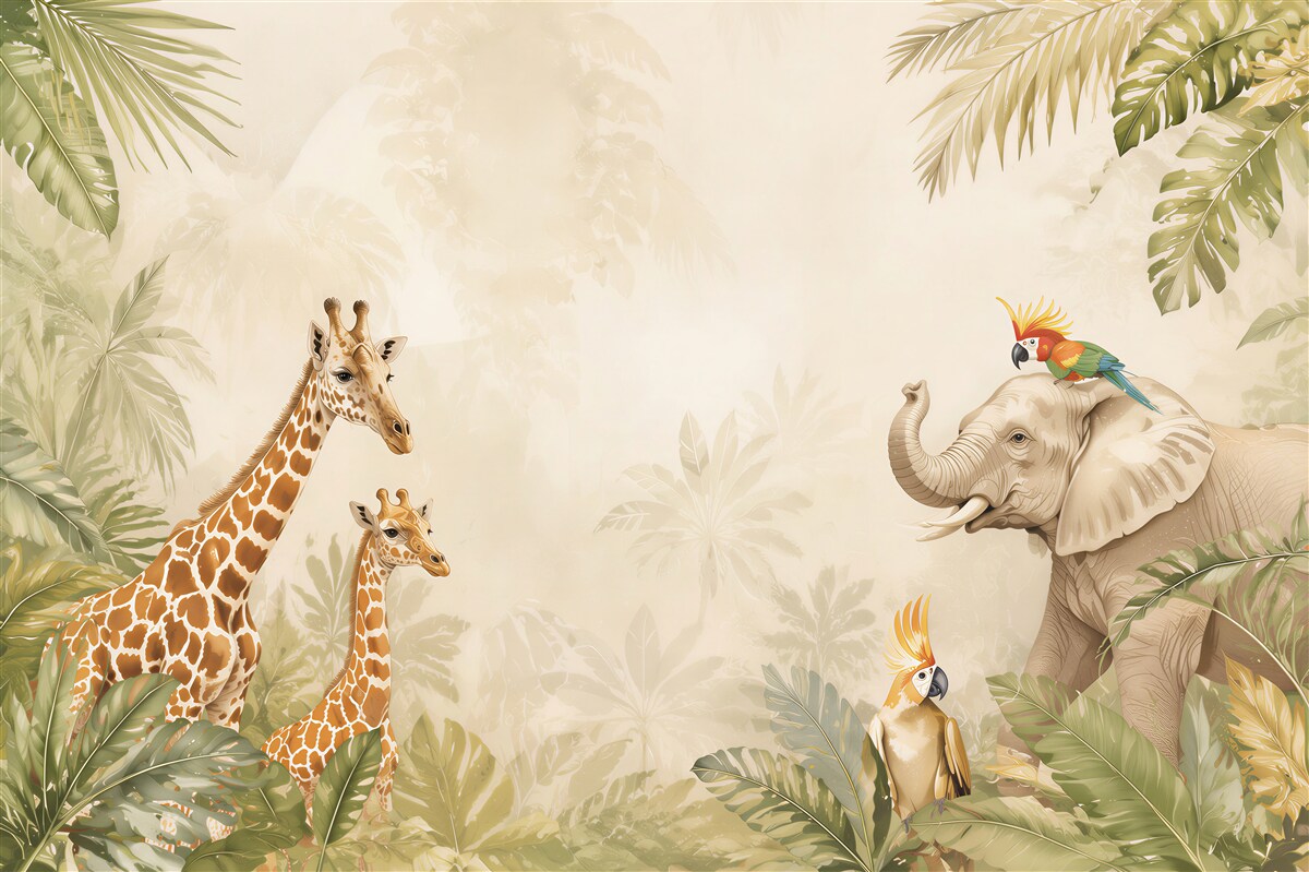 Fototapeten Giraffen, Elefanten und Papageien in Palmenblättern