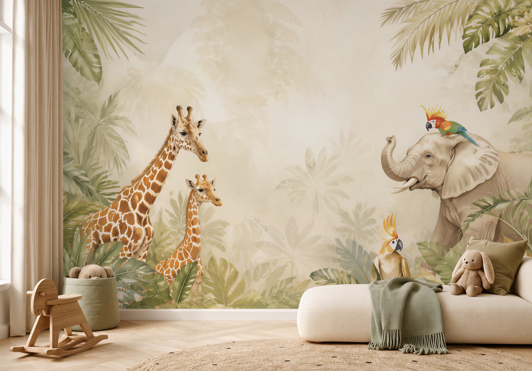 Fototapeten Giraffen, Elefanten und Papageien in Palmenblättern
