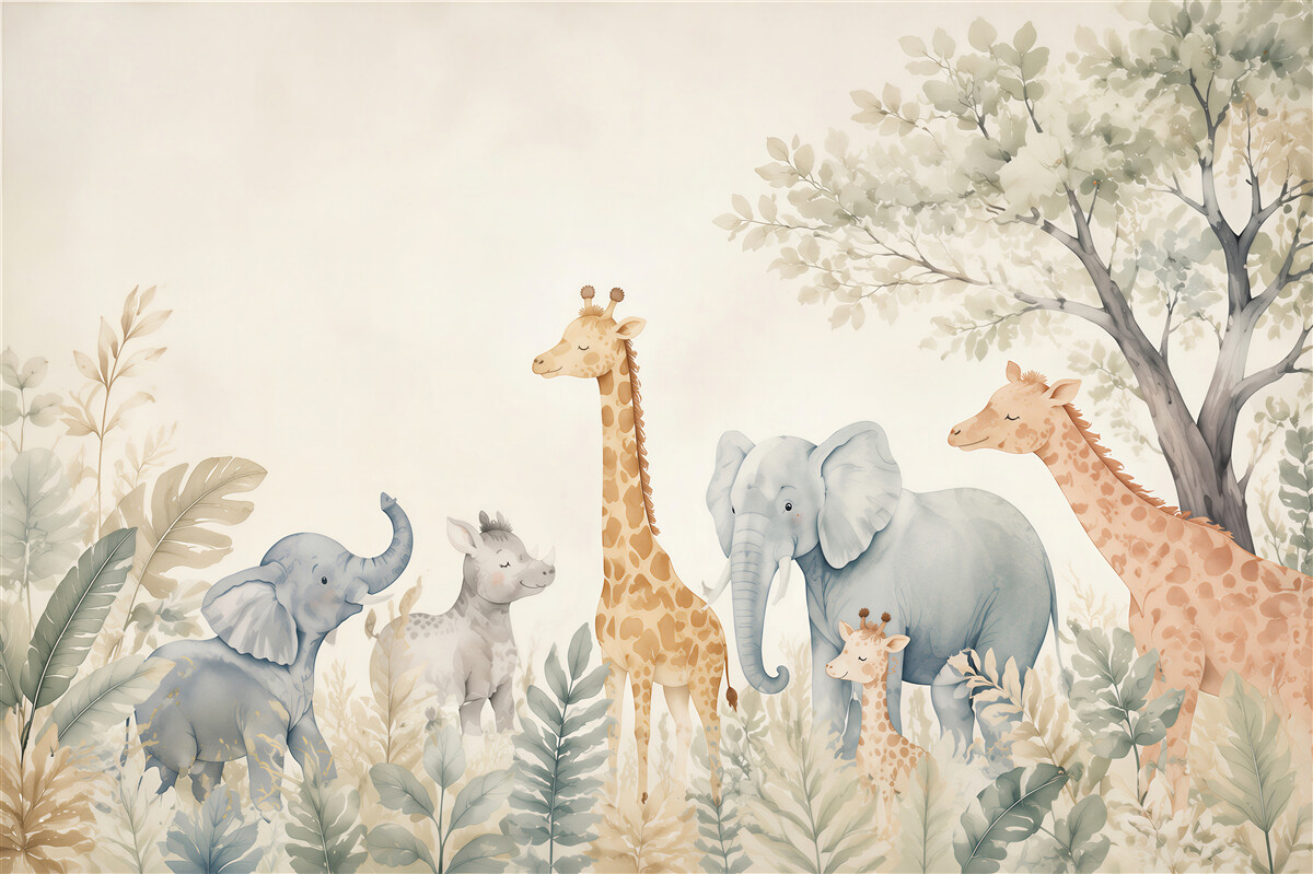 Fototapeten Durchgang von Elefanten und Giraffen