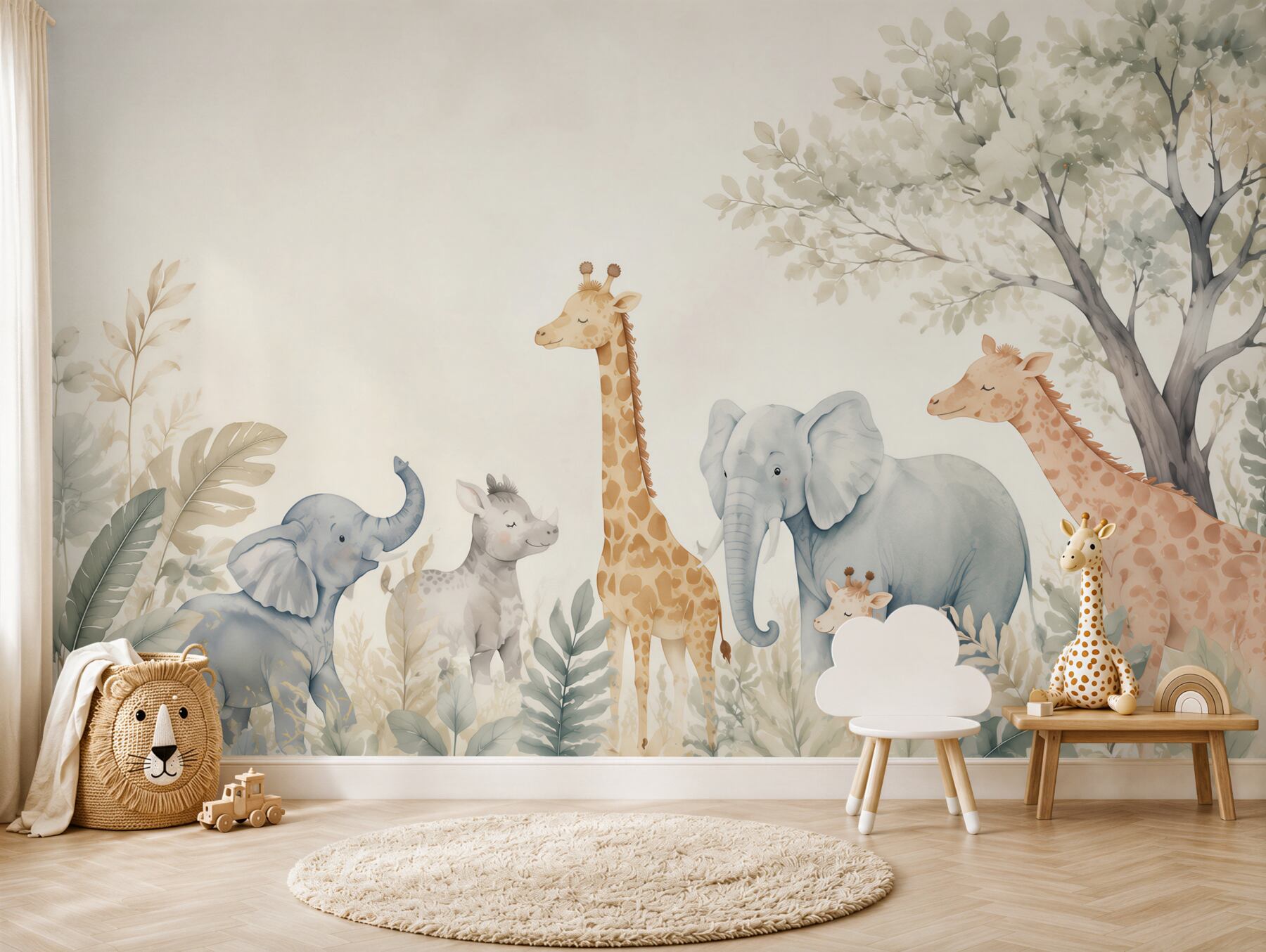 Fototapeten Durchgang von Elefanten und Giraffen