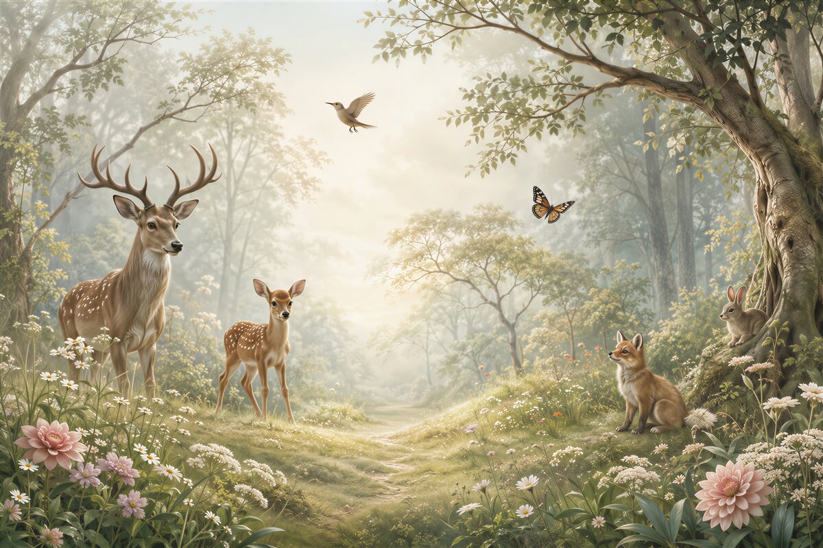 Fototapeten Verschiedene Tiere und Vögel im Wald