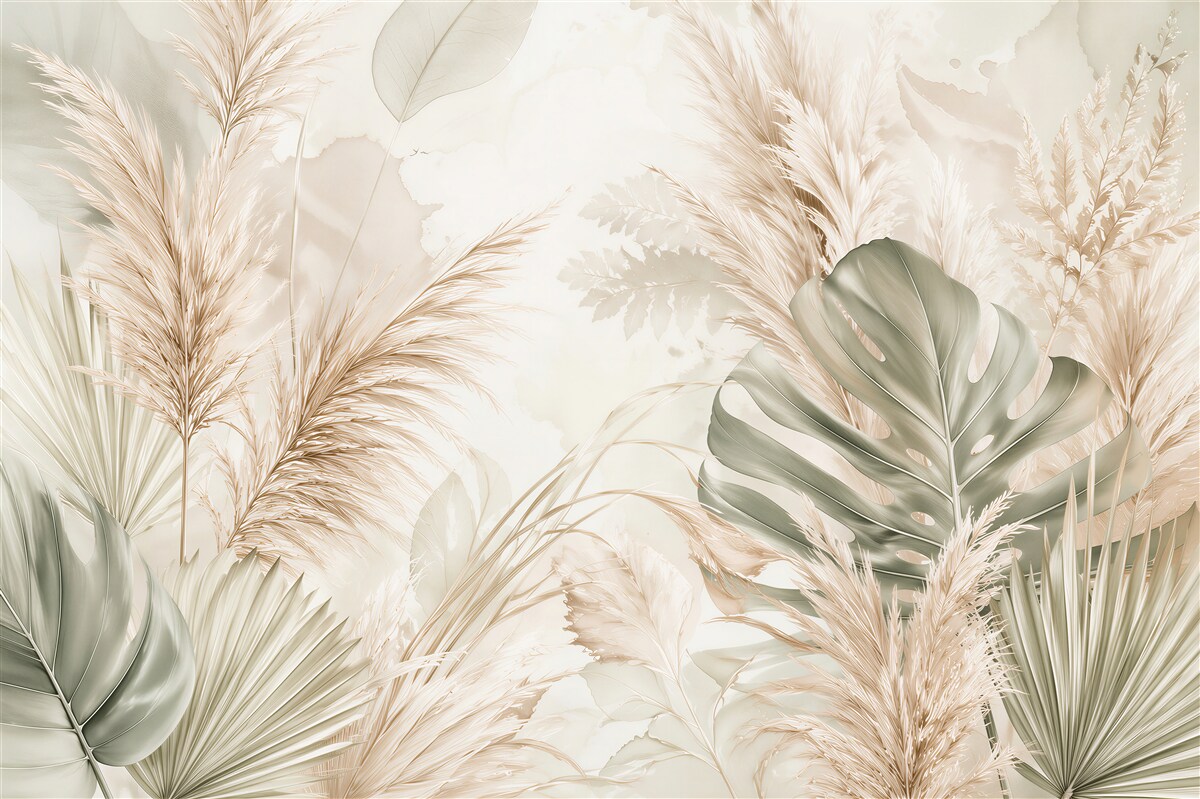 Fototapeten beige Blätter und Boho-Pampas