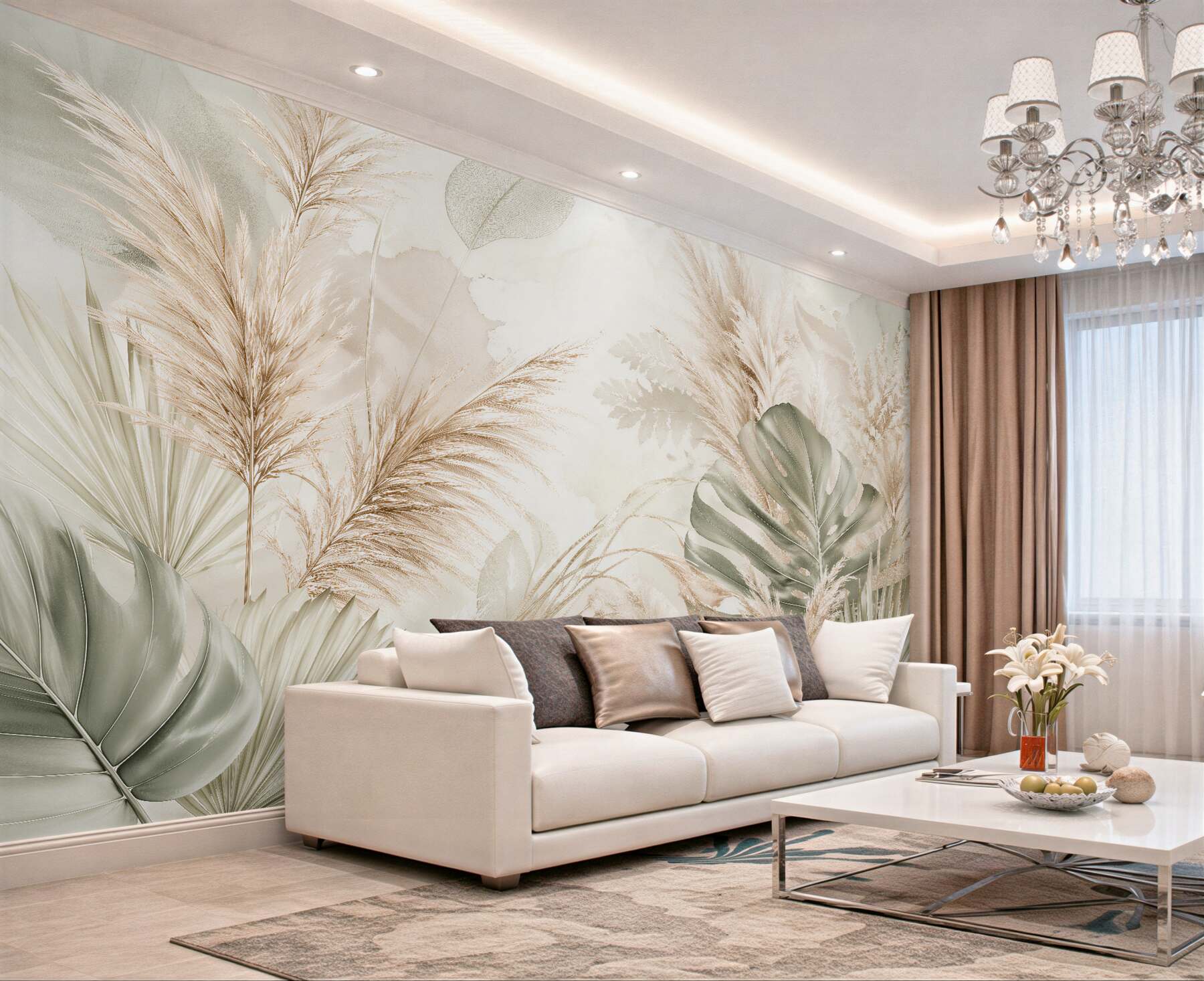 Fototapeten beige Blätter und Boho-Pampas