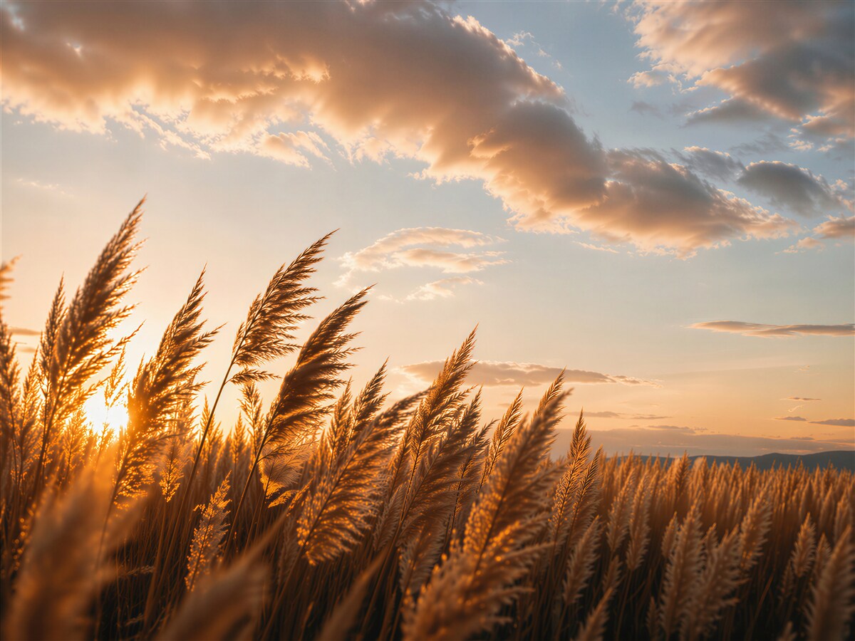 Fototapeten goldene Gräser im Glanz des Sonnenuntergangs