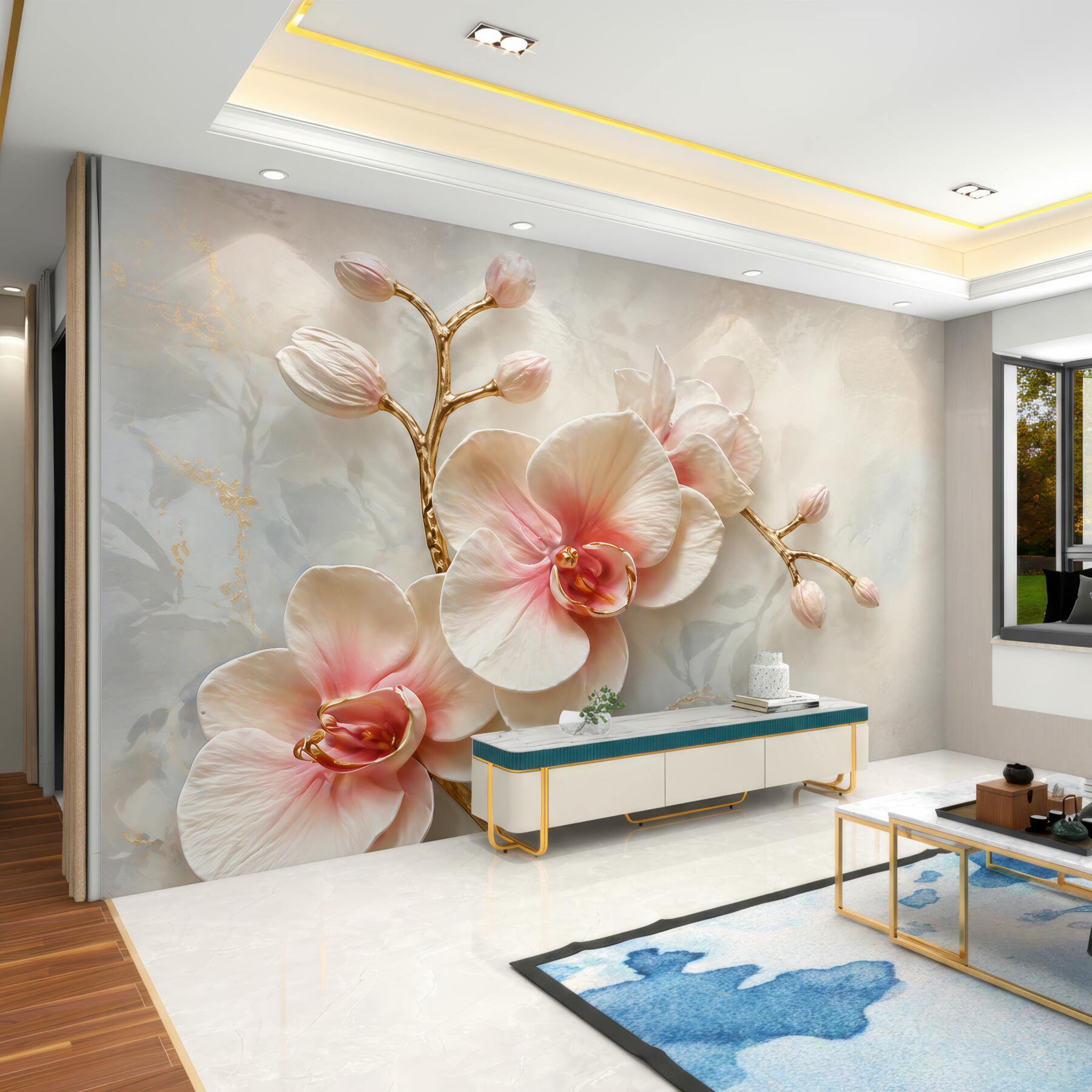 Fototapeten pudrige Orchidee mit goldenen Zweigen