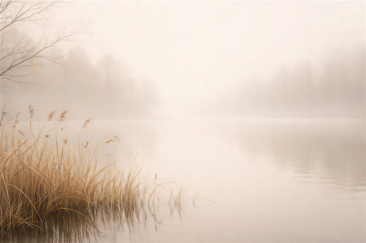 Fototapeten nebliger Morgen am See