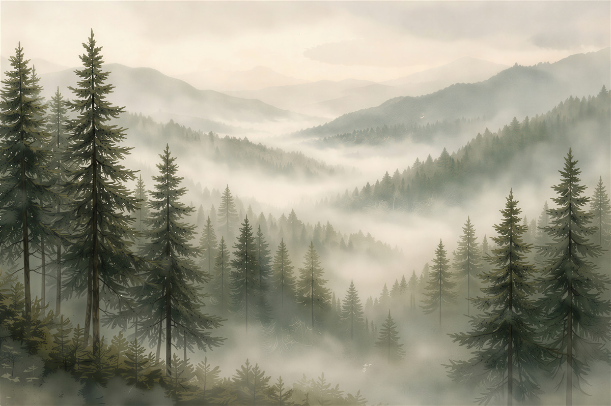 Fototapeten Nebelwald in den Bergen bei Tagesanbruch