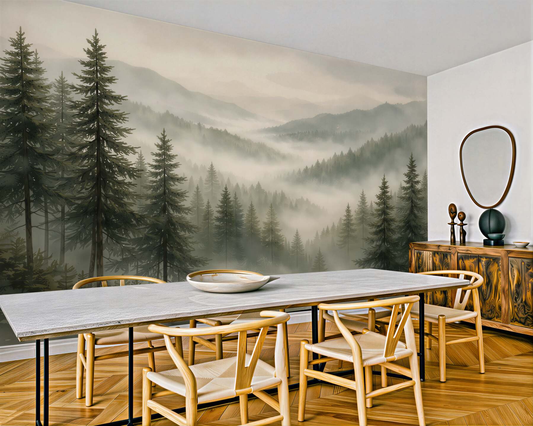 Fototapeten Nebelwald in den Bergen bei Tagesanbruch