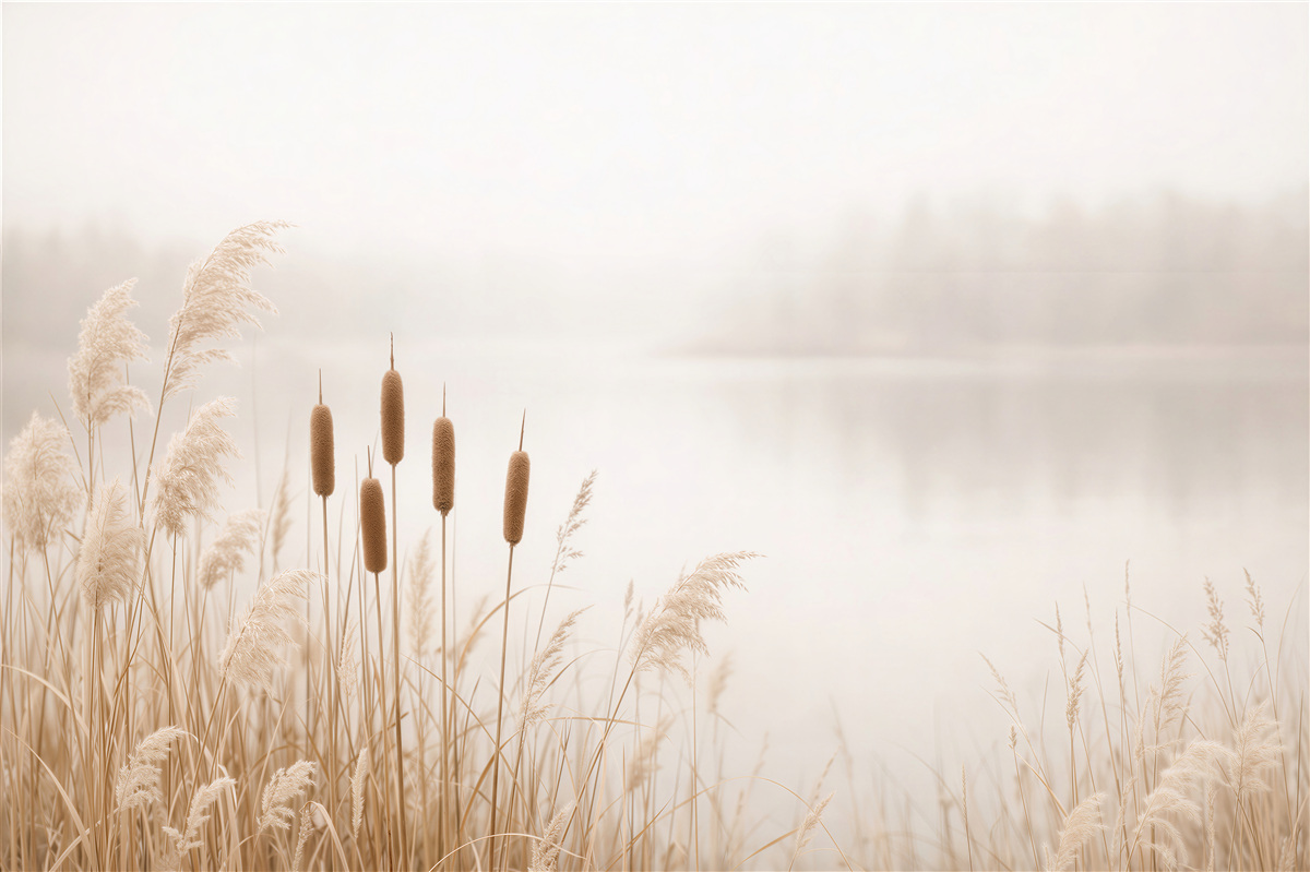 Fototapeten Beigefarbene Gräser am ruhigen See