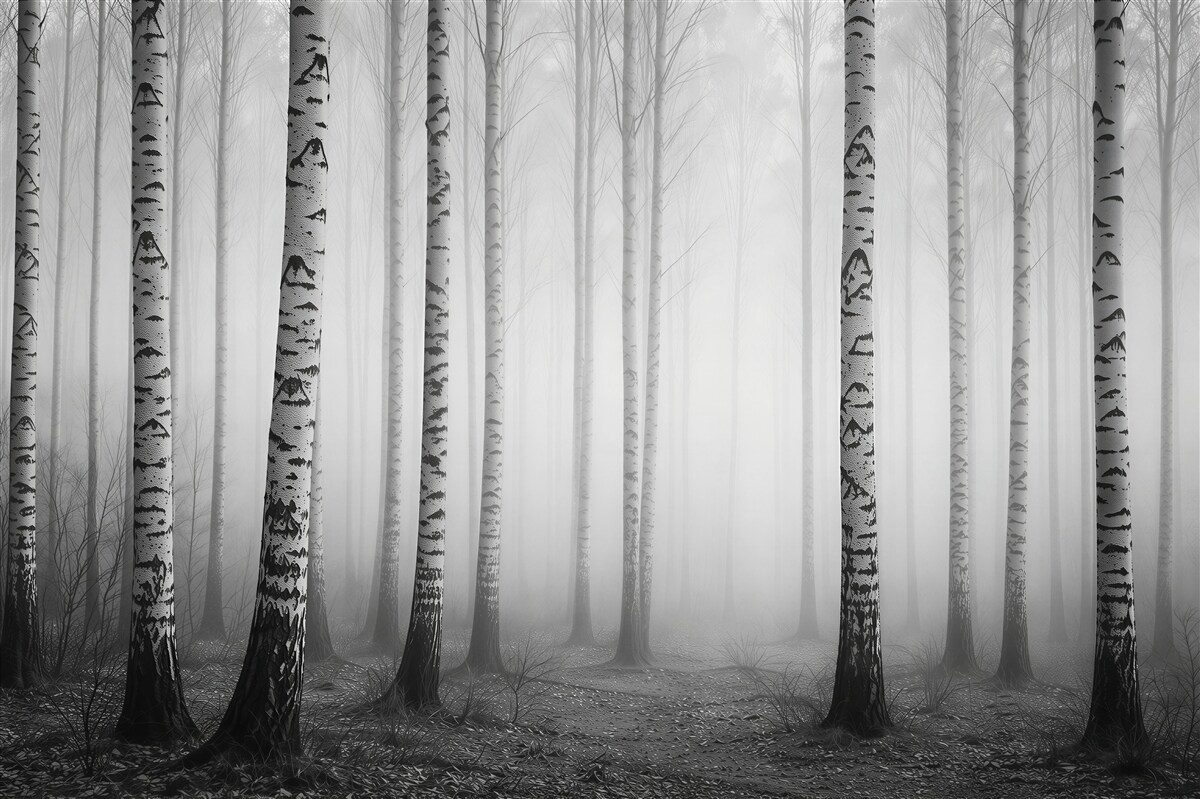 Fototapeten nebliger Birkenwald in Grautönen