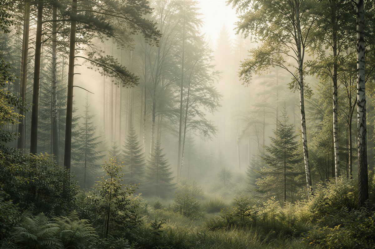 Fototapeten Strahlender Waldmorgen in Grün