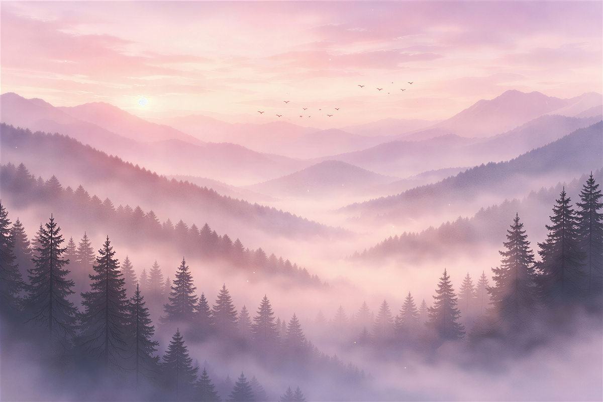 Fototapeten Rosa Morgendämmerung über nebligen Bergen