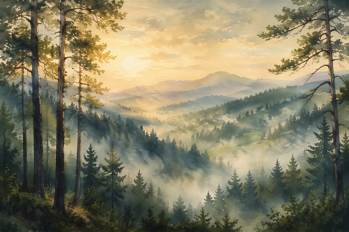 Fototapeten Gemalter Bergwald bei Sonnenaufgang
