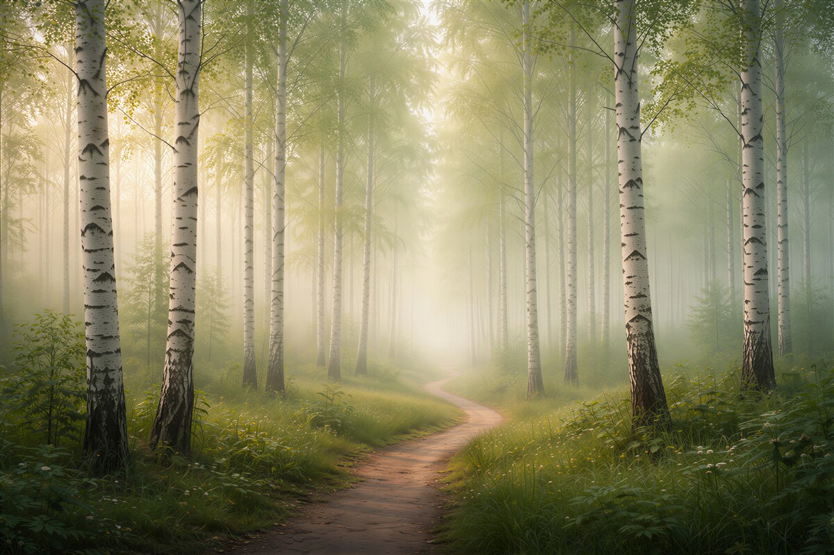 Fototapeten Waldweg im Birkenlicht