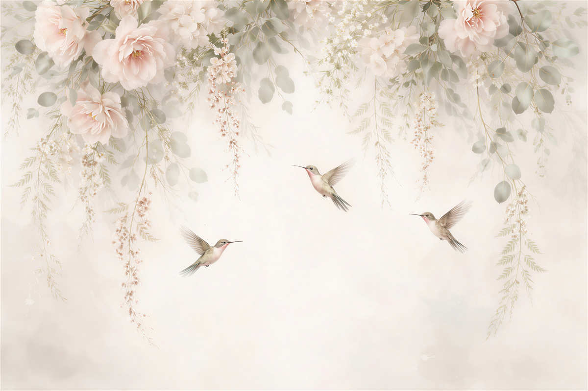 Fototapeten Puderige Blumen und Traumkolibris