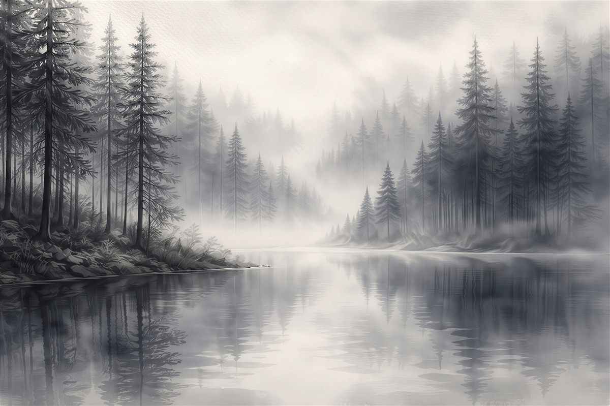Fototapeten Waldsee in silberner Nebel