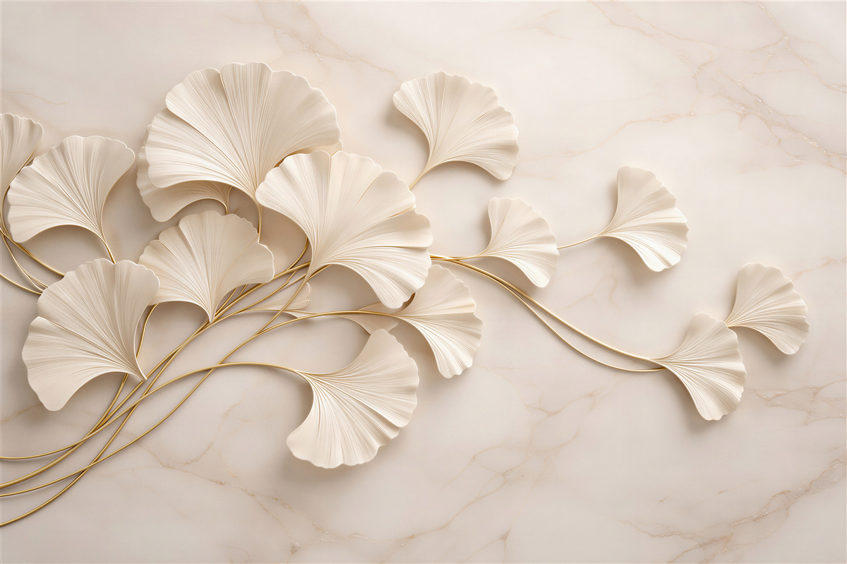 Fototapeten Cremefarbene Ginkgo-Blätter mit Gold