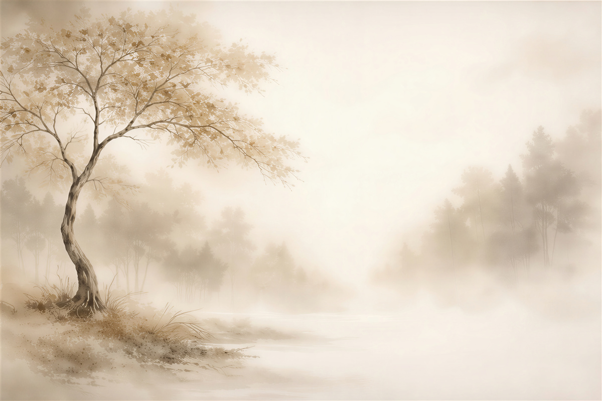Fototapeten Nebeliger Landschaft mit einem einsamen Baum