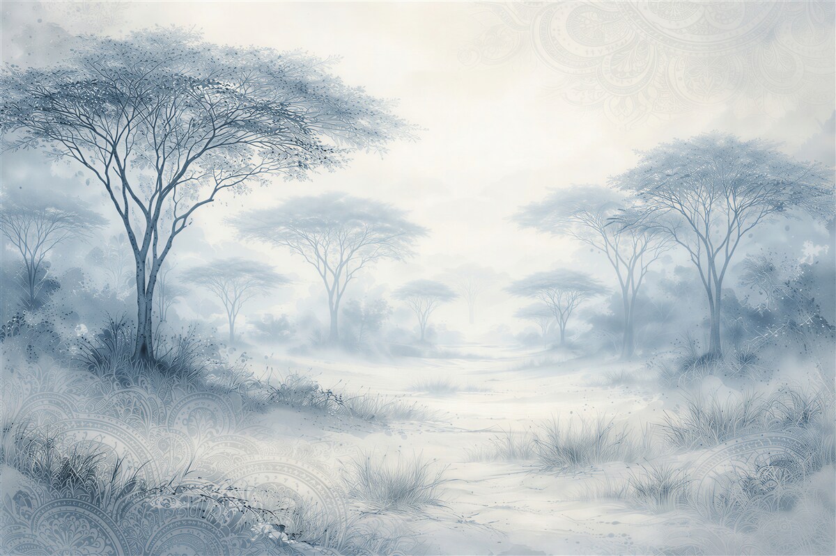 Fototapeten blaue Savanne im sanften Nebel
