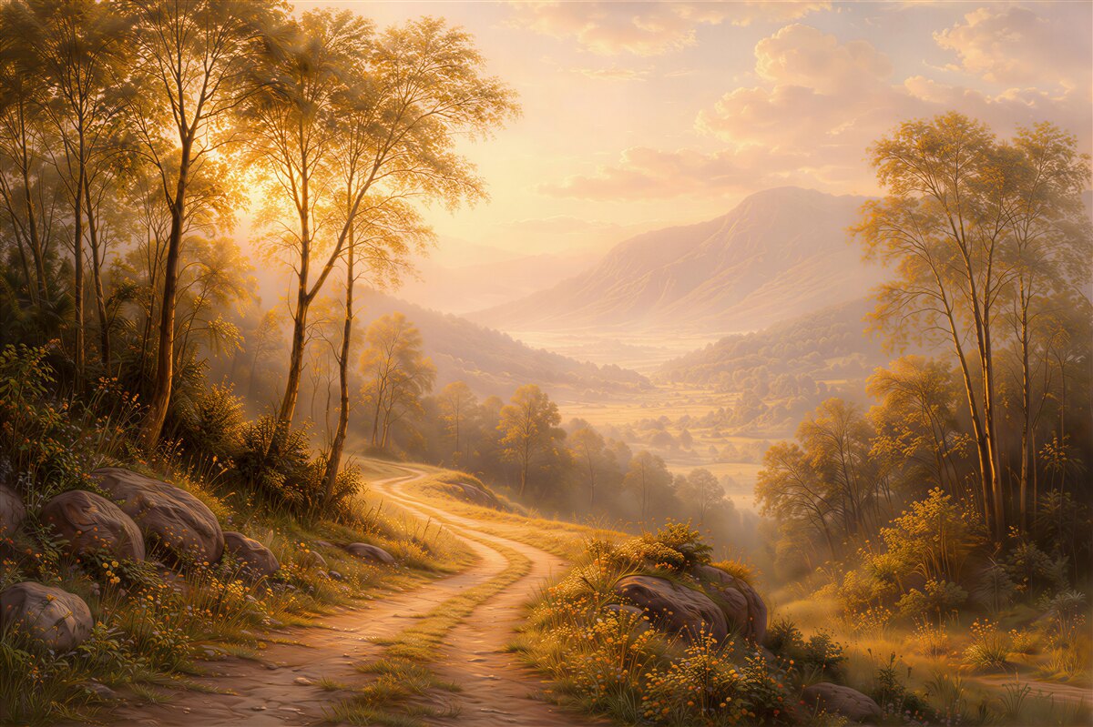 Fototapeten goldener Weg durch das Bergtal