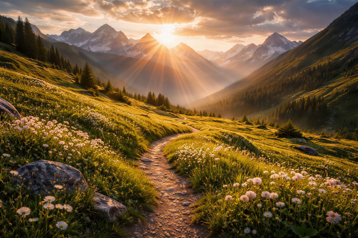 Fototapeten sonniger Weg im Gebirgstal