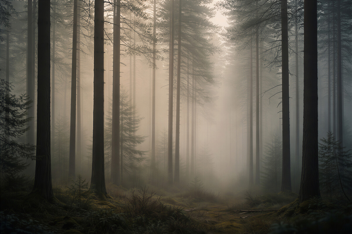 Fototapeten stiller Wald im Nebel