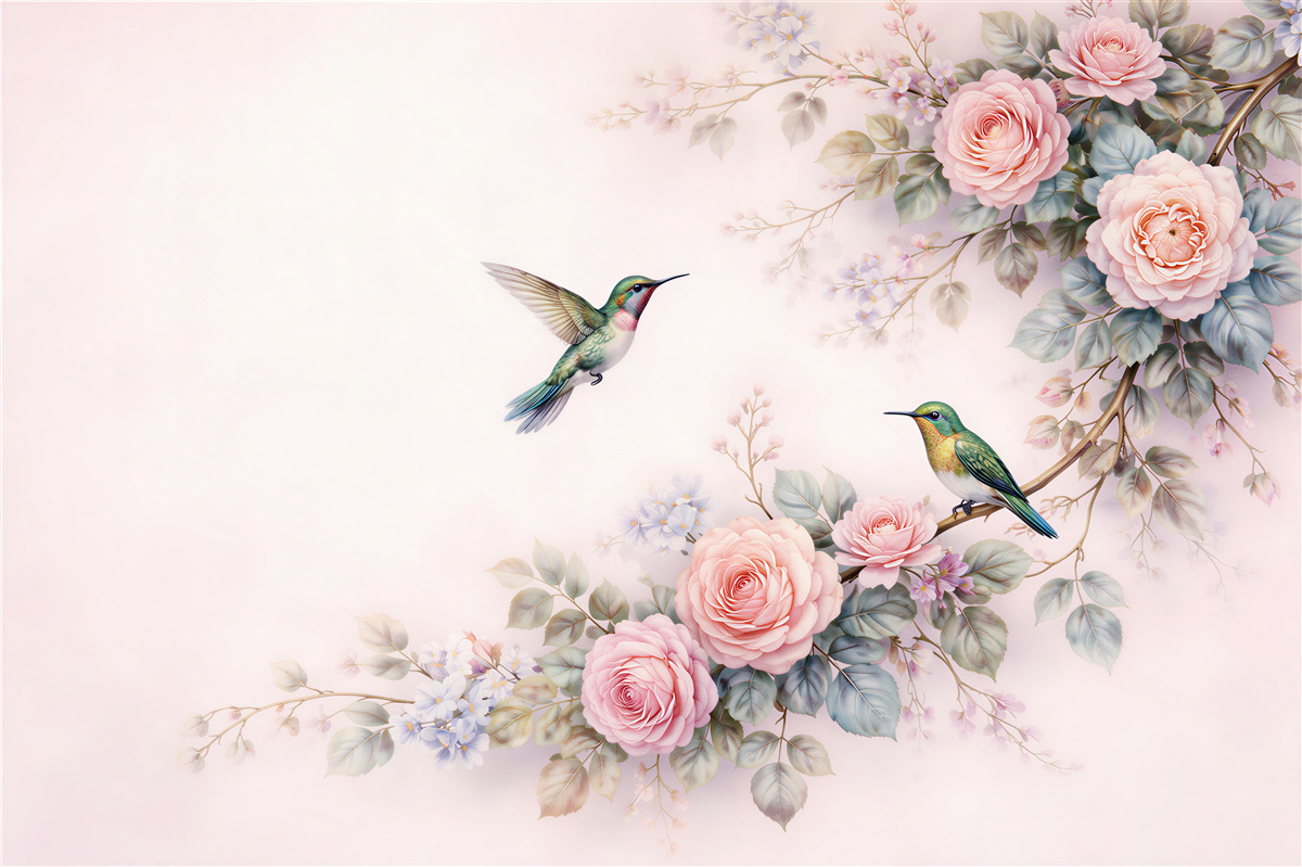 Fototapeten Kolibris zwischen pastellfarbenen Rosen