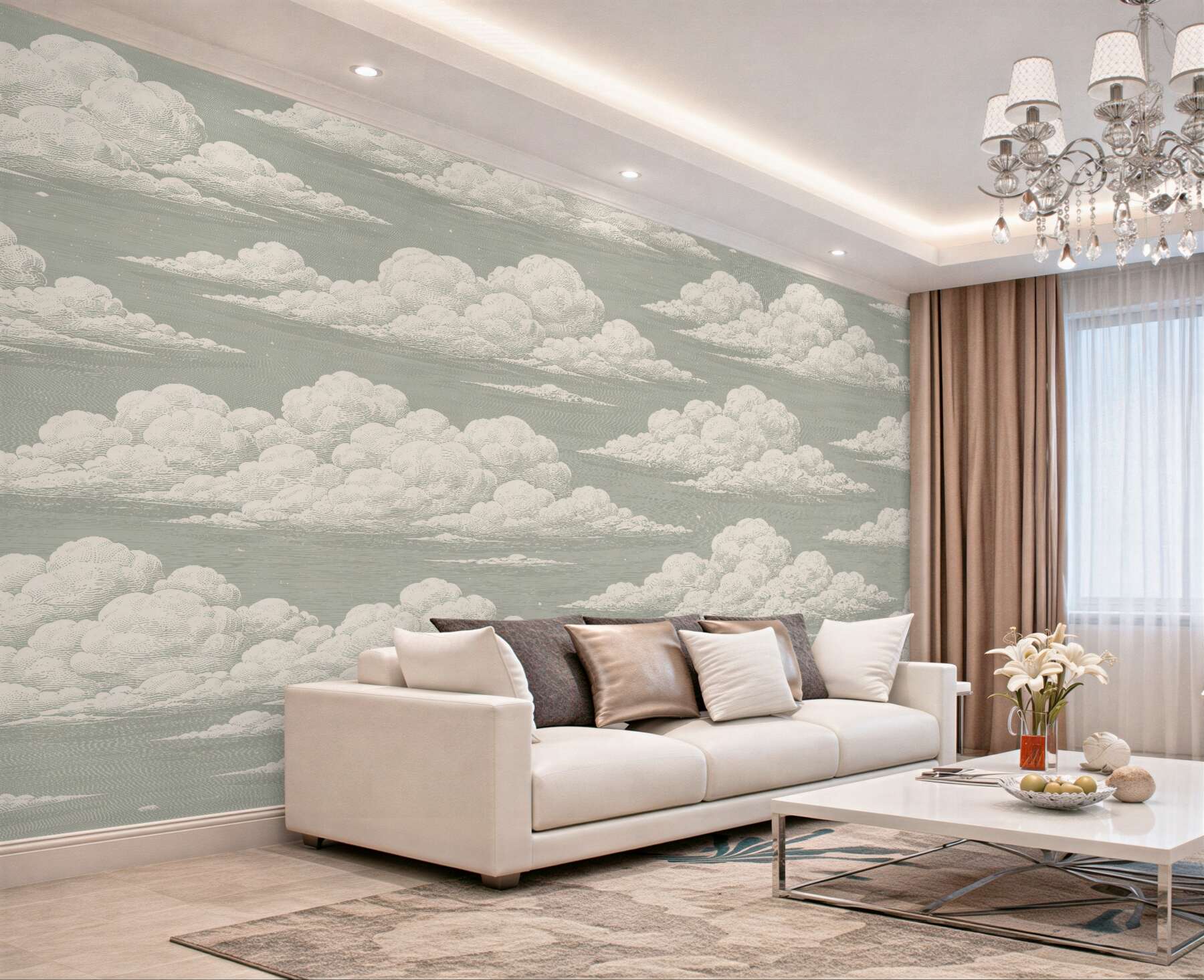 Fototapeten flauschige Wolken im Salbeihimmel