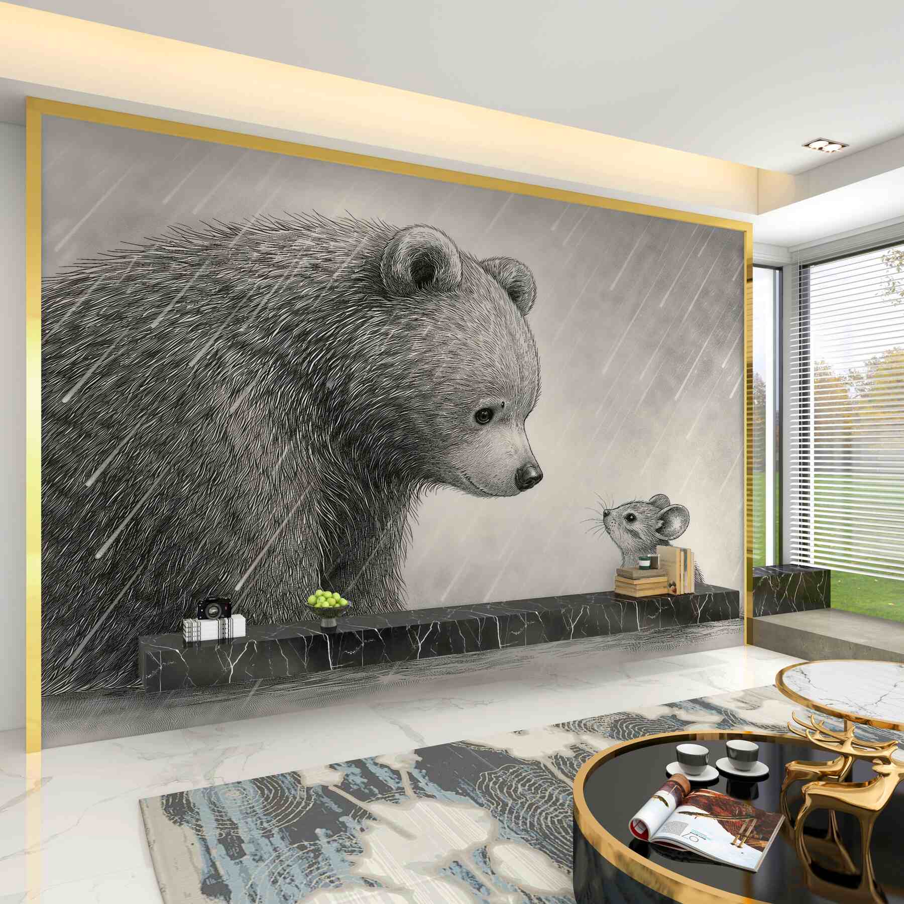 Fototapeten Bär und Maus im Regen