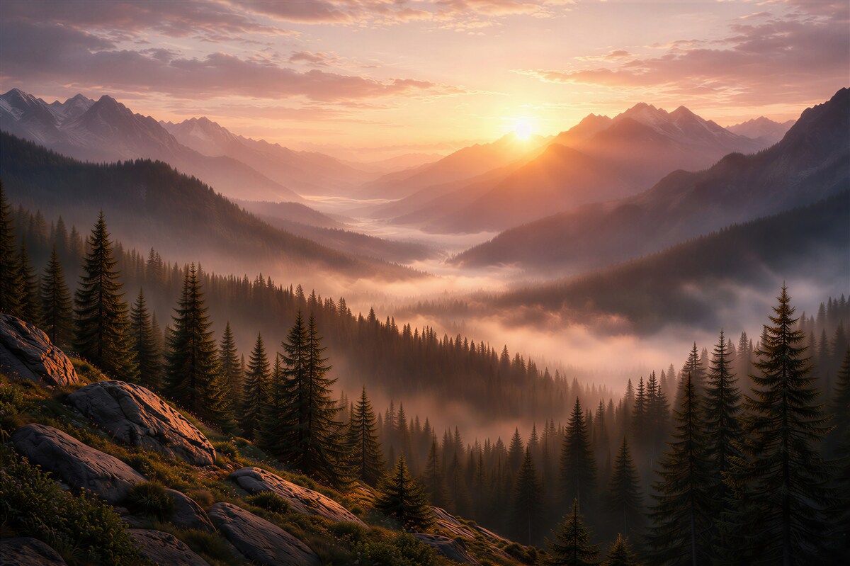 Fototapeten Bergsonne über dem Tal