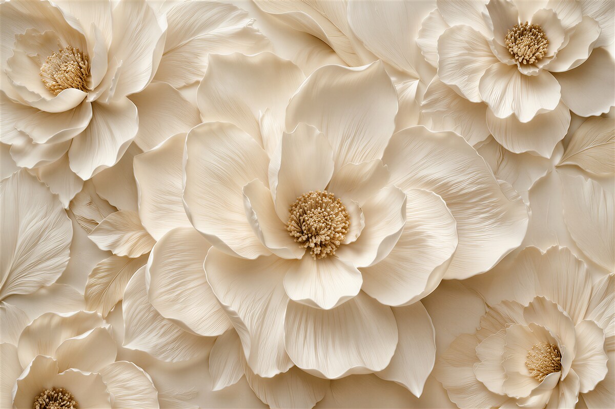 Fototapeten luxuriöse Blumen in cremefarbener Relief